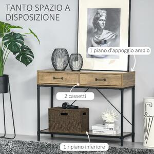 HOMCOM Tavolo Consolle da Ingresso Vintage in Metallo e Legno, Tavolino da Salotto e Soggiorno con 2 Cassetti e Mensola, Marrone