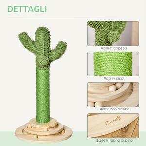 PawHut Albero Tiragraffi per Gatti Adulti e Gattini a Forma di Cactus, Corda Sisal e Base con Palline in Legno, 32x32x60cm, Verde