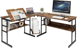 Scrivania angolare a L, 170 cm, scrivania per computer con 2 ripiani, piano inclinabile, montante centrale, scrivania per computer da ufficio, salvaspazio, stile industriale (marrone)