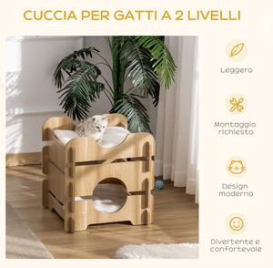 PawHut Cuccia per Gatti Adulti e Gattini su 2 Livelli, Casetta per Gatti con Cuscini Rimovibili e Lavabili, Color Rovere, 50x50x50cm