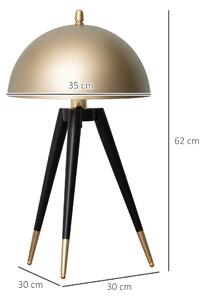 HOMCOM Lampada da Tavolo Comodino Treppiede, Paralume Cupola, Design Nero e Oro, E27 - Illuminazione di Stile per Soggiorno e Camera