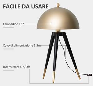 HOMCOM Lampada da Tavolo Comodino Treppiede, Paralume Cupola, Design Nero e Oro, E27 - Illuminazione di Stile per Soggiorno e Camera