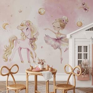 Carta da parati Unicorno e ballerina in una fiaba rosa, storia per bambini, Carta da parati per Bambini, w04196 : Uwalls.it