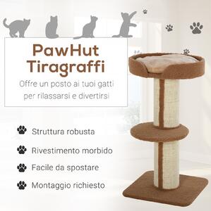 PawHut Tiragraffi ad Albero per Gatti con Cuccia, Cuscino e Morbido Rivestimento Marrone, Pali in Corda Sisal, Altezza 91cm