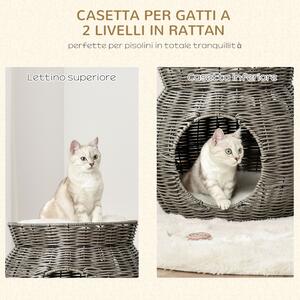 PawHut Cuccia per Gatti a 2 Livelli in Rattan PE Tiragraffi, Casetta e Cesta per Gatti con Cuscini Lavabili in Peluche, Φ50x43.5cm, Grigio Scuro