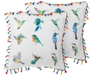 Set di 2 cuscini decorativi stampa uccelli bianchi 45 x 45 cm con nappe Multicolore accessori decorativi con frange Beliani