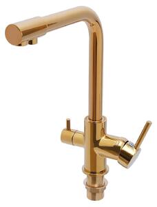 Miscelatore per cucina - Rubinetto a 3 vie - Doccetta doppia - Bocchetta girevole a 360° - Maniglie a leva girevoli di 90° - Miscelatore per acqua calda/fredda - Oro