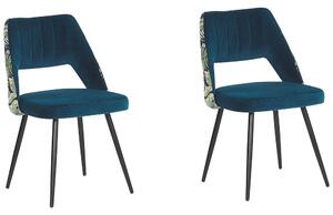 Set di 2 sedie da pranzo Seduta in velluto blu Gambe in metallo Nero con motivo floreale sul retro intagliato Beliani