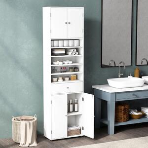Costway Mobile armadio alto per bagno con cassetto 180 cm ante ripiani regolabili, Armadio per biancheria mobile da terra indipendente Bianco