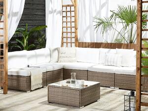 Set salotto da esterno marrone finto rattan bianco cuscini divano angolare modulare per 6 persone tavolino moderno set da giardino Beliani