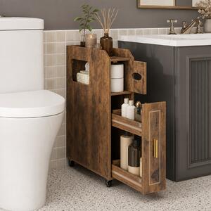 Costway Organizzatore da 16 cm stretto e slim con portascopino e ruote con freno, Mobiletto da bagno piccolo per spazi ridotti Marrone