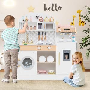 Costway Set cucina per bambini e set tavolo con 2 sedie per bambini in legno, Cucina in legno per gioco di cucina e set di 3 pezzi mobili per bimbi