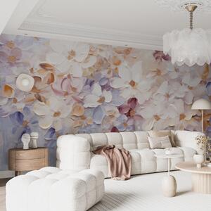 Carta da parati Pittura a olio che imita un giardino fiorito con fiori bianchi, rosa e arancioni,, Carta da parati Floreale, w09236 : Uwalls.it