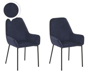 Set di 2 sedie per sala da pranzo Seduta imbottita in tessuto di velluto a coste blu Gambe in metallo Nero Stile moderno Beliani