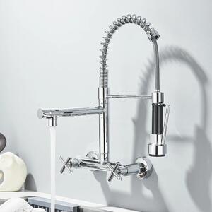 Miscelatore da cucina a due maniglie - Miscelatore per cucina con acqua calda e fredda - Ugello laterale orientabile - Realizzato in ottone con cartuccia in Vetroceramica - Finitura cromata con supporto