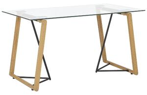 Tavolo da Pranzo Trasparente 140 x 80 cm Piano in Vetro Temperato Metallo Leggero Base in Legno Rettangolare Scandinavo Moderno Beliani
