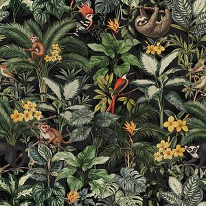 Carta da parati Giungla tropicale con scimmie, uccelli e fitto fogliame, Parati foresta classici, a00191 : Uwalls.it