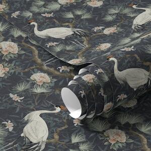 Carta da parati Gru tra pini e peonie su sfondo scuro, Parati fiori e piante classici, a00241 : Uwalls.it