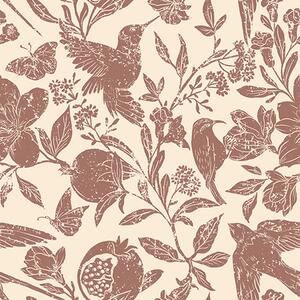 Carta da parati Uccelli, melograni e fiori in stile vintage, Parati fiori e piante classici, a00263 : Uwalls.it