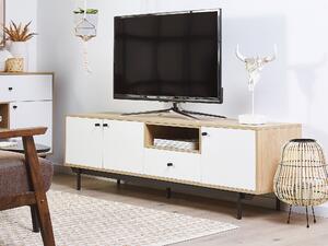Mobile TV in legno chiaro con bianco per TV fino a 75ʺ in legno pregiato con cassetti e ripiani Gestione dei cavi Beliani