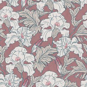 Carta da parati Ibisco bianco su sfondo rosa con boccioli rossi, Parati fiori e piante classici, a00272 : Uwalls.it
