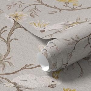 Carta da parati Pappagalli e fiori gialli su sfondo chiaro, Parati fiori e piante classici, a00270 : Uwalls.it