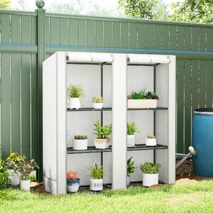 VivaGarden Serra da Giardino con 2 Porte Avvolgibili Scaffale a 3 Ripiani e Tasche Laterali 144x48x152 cm colore Bianco/Grigio
