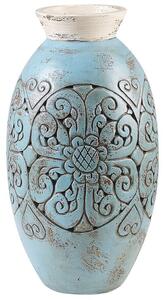 Vaso Decorativo Alto Turchese Argilla 52 cm Vaso Da Terra Dipinto A Mano Motivo Floreale Intagliato Beliani