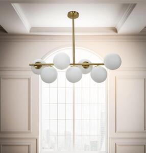 Lampadario da soffitto con 7 punti luce in metallo dorato, GLAMY , Dimensioni 81x30xh74 cm sfere in vetro bianco