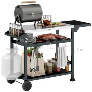 Outsunny Carrello Barbecue con Tavolino Pieghevole in Acciaio Inox, 2 Ruote e Accessori, 125x65x84 cm, Nero
