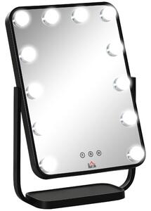 HOMCOM Specchio per Trucco Illuminato Stile Hollywood Inclinabile, Specchio da Tavolo con 12 Luci LED Luminosità Regolabile, Nero