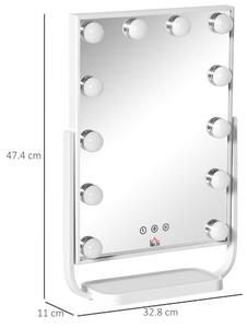 HOMCOM Specchio per Trucco Illuminato Stile Hollywood Inclinabile, Specchio da Tavolo con 12 Luci LED Luminosità Regolabile, Bianco