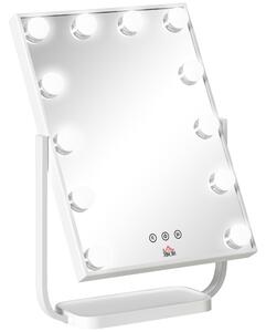 HOMCOM Specchio per Trucco Illuminato Stile Hollywood Inclinabile, Specchio da Tavolo con 12 Luci LED Luminosità Regolabile, Bianco