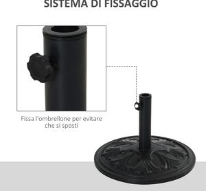 Outsunny Base per Ombrellone Rotonda in Plastica con Disegno Floreale, Basamento da 13kg con Supporto per Pali da 35-38-48mm, Nero