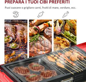 Outsunny Barbecue a Carbonella Portatile ad Altezza regolabile con Griglia e Teglia, 120x31x60-70 cm, Nero e Rosso