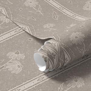 Carta da parati Strisce con margherite e pizzo su sfondo grigio-beige, Parati fiori e piante classici, a00295 : Uwalls.it