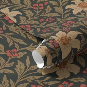 Carta da parati Sfondo scuro con fiori gialli e rossi in stile Art Nouveau, Parati fiori e piante classici, a00293 : Uwalls.it