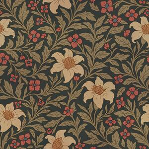 Carta da parati Sfondo scuro con fiori gialli e rossi in stile Art Nouveau, Parati fiori e piante classici, a00293 : Uwalls.it