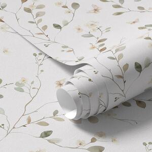 Carta da parati Rami sottili con fiori e farfalle su sfondo bianco, Parati fiori e piante classici, a00342 : Uwalls.it