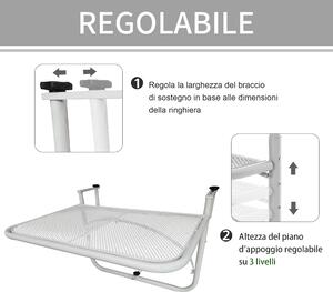 Outsunny Tavolo da Ringhiera Altezza Regolabile, 3 Livelli, in Metallo, Spazio Salvaspazio, 60x56.5x45cm, Bianco