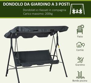 Outsunny Dondolo da Giardino 3 Posti con Tettuccio Parasole Regolabile e Cuscini, 172Lx120x153cm, Grigio
