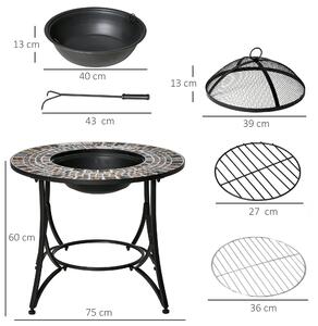Outsunny Braciere Multifunzione 3 in 1 Esterno: Tavolino, Griglia, Attizzatoio, Design in Metallo e Ceramica, 75x75x60 cm