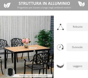 Outsunny Tavolo da Giardino per 6 Persone in Alluminio, Tavolo da Esterno in Plastica per Terrazzo e Balcone, Nero e Color Legno