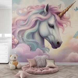 Carta da parati Unicorno in un cielo nuvoloso con arcobaleno, Carta da parati per Bambini, Carta da parati per Ragazze, w04372 : Uwalls.it