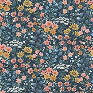 Carta da parati Fiori di prato colorati ad acquerello su blu navy, Parati fiori e piante classici, a00381 : Uwalls.it