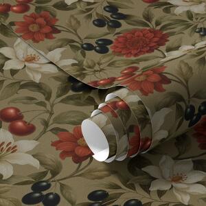 Carta da parati Ciliegie, fiori e olive nere, Parati fiori e piante classici, a00384 : Uwalls.it