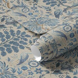 Carta da parati Stile Toile de Jouy con uccelli blu e alberi tropicali, Parati fiori e piante classici, a00382 : Uwalls.it