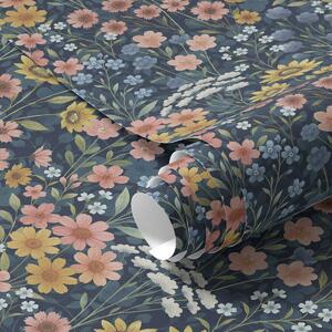 Carta da parati Fiori di prato colorati ad acquerello su blu navy, Parati fiori e piante classici, a00381 : Uwalls.it