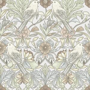 Carta da parati Uccelli Art Nouveau e fiori stilizzati in pastello, Parati fiori e piante classici, a00385 : Uwalls.it
