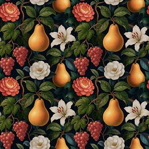 Carta da parati Frutti e fiori barocchi su uno sfondo scuro e drammatico, Parati fiori e piante classici, a00387 : Uwalls.it